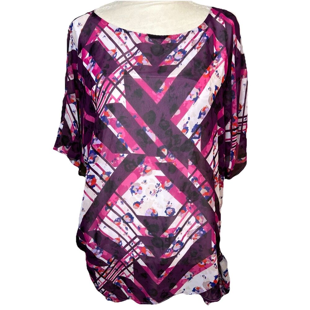 Dana Buchman Women's Top size Large Pink Purple Print Diagonal Tie Hem